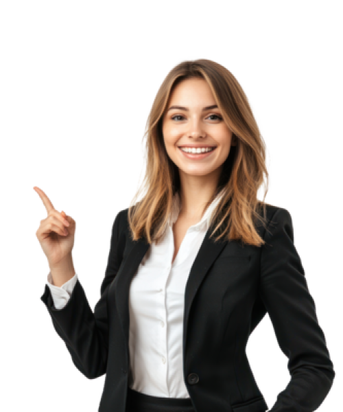 happy-smiling-business-woman-in-suit-with-hand-pointing-at-empty-space-standing-isolate-on-transparent-background-png